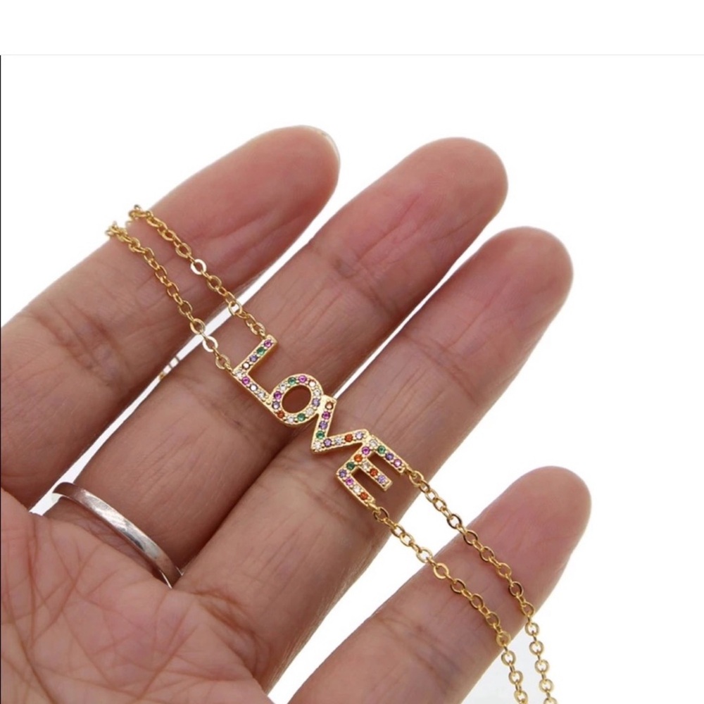 Gold LOVE Bracelet Multicolor Crystal Pavé Dainty Double Chain Stackable Gift - Picture 2 of 5
